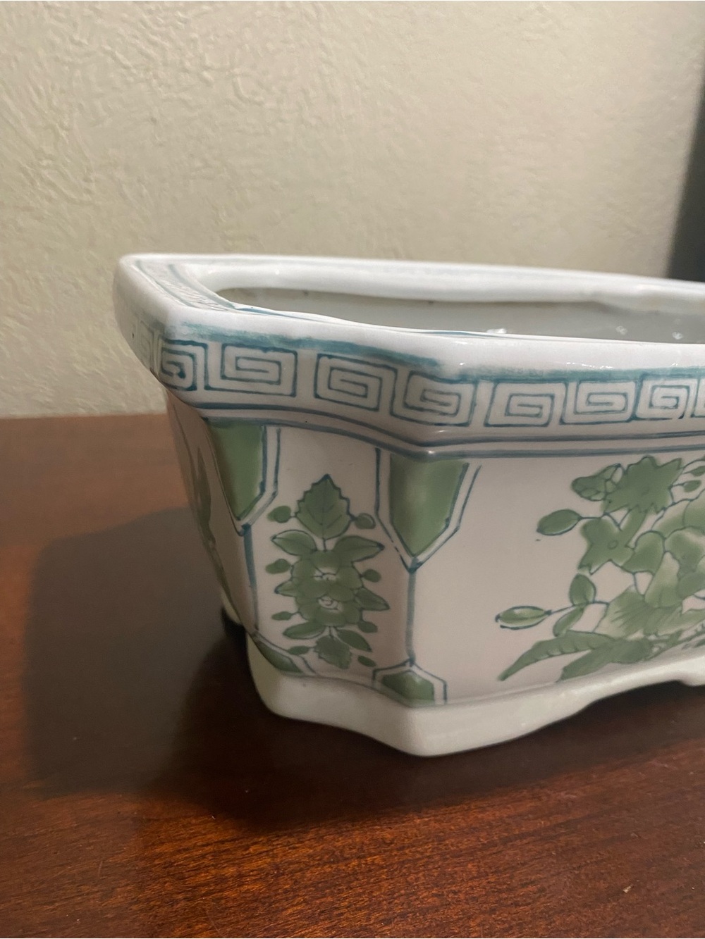 Rectangular Ceramic Planter, Distinctive Green & White Chinoiserie Floral Design - Picture 6 of 12